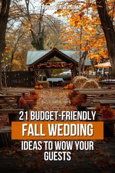 Discover 21 budget-friendly fall wedding ideas that will wow your guests. From seasonal decor to creative details, these tips will help you plan an unforgettable autumn celebration without breaking the bank. Perfect for a stunning and cost-effective wedding! Fall Wedding Budget Ideas, Simple Fall Wedding Ideas On A Budget, Fall Home Wedding Ideas, Fall Wedding Dinner Ideas, Fall Wedding Decor On A Budget, Fall Wedding Mums And Pumpkins, Fall Wedding Ideas On A Budget Diy, Fall Wedding Venue Ideas, Fall Park Wedding