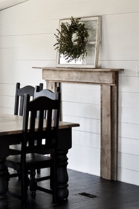 DIY Rustic Farmhouse Faux Fireplace and Mantel - Rocky Hedge Farm Floating Fireplace Mantel, Rustic Farmhouse Fireplace, Faux Mantle, Diy Fireplace Mantel, Faux Fireplace Mantels, Rustic Fireplace Mantels, Fireplace Mantel Surrounds, Faux Fireplace Diy, Wooden Fireplace