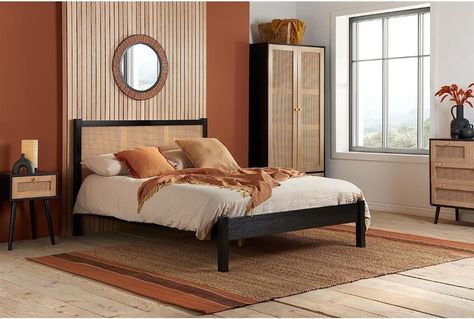 Black Rattan Wood Wooden Bed Frame,Bedstead (5ft King Size) Rattan Bedroom Furniture, Shades Of Terracotta, Rattan Bed Frame, Rattan Bedroom, Cool Interior, Airy Bedroom, Black Bed Frame, Led Beds, Rattan Bed