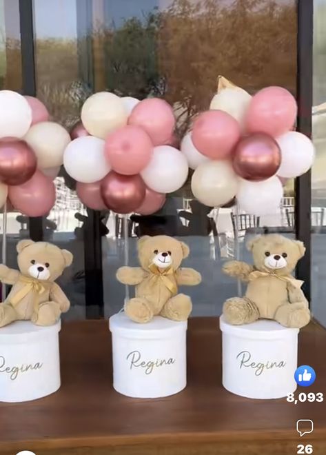 Teddy Bear Gender Reveal Centerpieces, Pink Teddy Bear Centerpieces, Pink Teddy Bear Baby Shower Ideas, Baby Girl Teddy Bear Shower Ideas, Teddy Bear Tutu Centerpiece, Pink Bear Baby Shower Theme, Pink And Brown Teddy Bear Theme, Bear Center Piece For Baby Shower Girl, Bear Pink Baby Shower