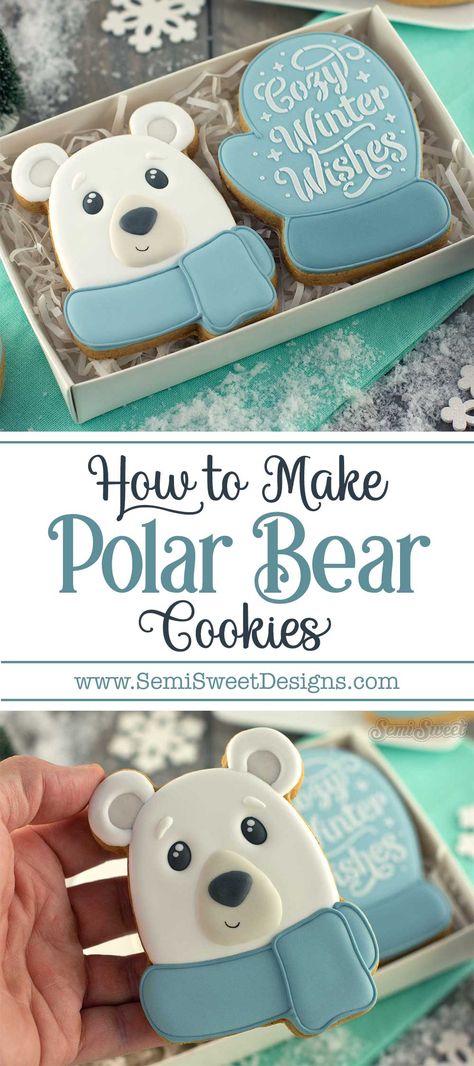 Decorate a Polar Bear Cookie Set for Christmas Polar Bear Sugar Cookies, Bear Cookies Royal Icing, Polar Bear Cookies, Mitten Cookies, Flood Icing, Cookie Stand, Plain Cookies, Blue Icing, Winter Treats