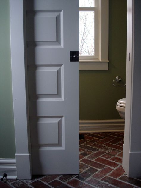 Basically if I could have all pocket doors, that would be awesome. Some paned, some solid. Pocket Door Bathroom, Pocket Doors Bathroom, Traditional Powder Room, Powder Room Design Ideas, Powder Room Design, Ceiling Treatments, Room Door Design, Pocket Door, Brick Flooring