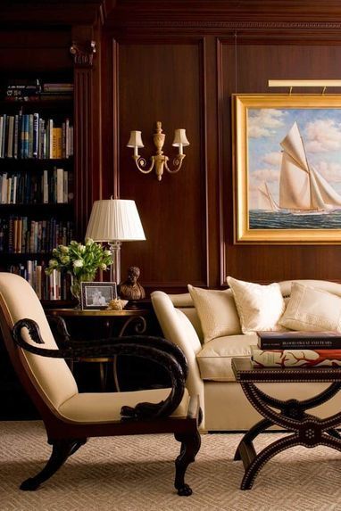 Elegant Library, Mahogany Paneling, Style Pinterest, Traditional Interior Design, Character Designer, Creative Home Decor, Arm Chairs, White Furniture, Traditional Interior