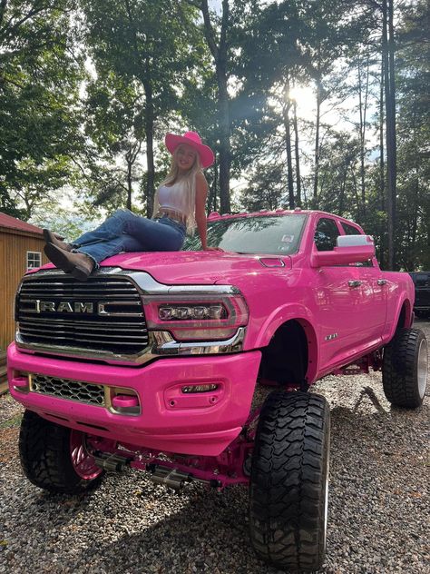 Ram Lifted Trucks, Pink Pickup Truck, Pink Truck Interior, Pink Cummins, Pink Lifted Trucks, Trucks Aesthetic, Truck Poses, Pink Truck Accessories, Truck Lifted