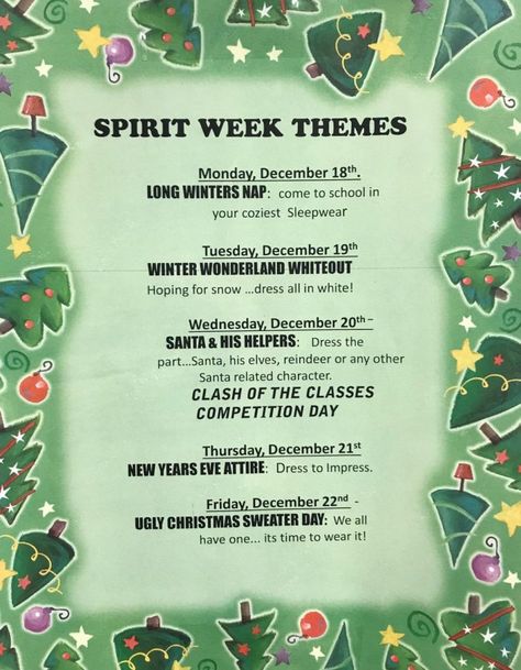 GET INTO THE HOLIDAY SPIRIT WEEK – The Slater Holiday Spirit Week, Spirit Week Themes, Spirit Week Ideas, Spirit Day Ideas, School Spirit Week, Homecoming Spirit Week, School Spirit Days, St Gerard, Spirit Day