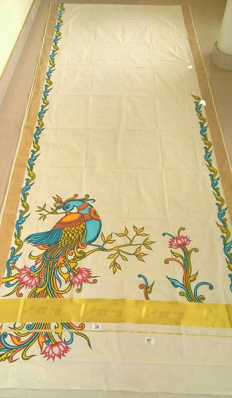 Mural painting Kalamkari Painting On Dupatta, Saree Mural Painting Designs, Kerala Saree Painting Designs, Mural Painting Kerala Saree, Mural Painting On Saree, Hand Embroidery Saree Designs, Embroidery Saree Designs, Hand Embroidery Saree, Kurti Party Wear