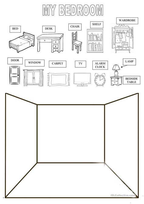 draw your bedroom - English ESL Worksheets for distance learning and physical classrooms Bedroom Worksheet, Ks3 Art, Bedroom Drawing, English Worksheet, Kids English, English Lessons For Kids, English Activities, School Worksheets, Interactive Notebook