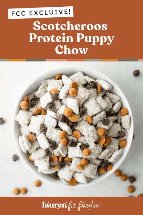 This Scotcheroos Protein Puppy Chow is the best combination of two classic desserts! This puppy chow recipe is made with all the chocolate and butterscotch flavors you love about Scotcheroos in a lightened up cereal mixture made with crunchy Chex and powdered sugar! Work Snacks Healthy, Road Trip Recipes, Healthy Puppy Chow, Protein Puppy Chow, Movies Snacks, Lauren Fit Foodie, Rice Puffs, Uses Of Baking Soda, Overnight Oatmeal Recipes