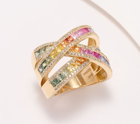 Color your world -- and your wardrobe -- with this lively ring reminiscent of a radiant rainbow. From Effy's Watercolor Collection, this multi-hued mosaic of sapphires and white diamonds meshes rich colors and red-carpet-ready sparkle in a 14K-gold highway style.  So many sapphires, so many colors! The diamond-lined crossover design is the perfect canvas for these sought-after gemstones, with fancy green, orange, pink, and yellow joining the classic blue hue. And it'll complement anything in you Red Sapphire, Multi Gemstone Ring, Shiny Objects, Gem Diamonds, Multi Sapphire, Dope Jewelry, Effy Jewelry, Pink Stone, Sapphire Gemstone