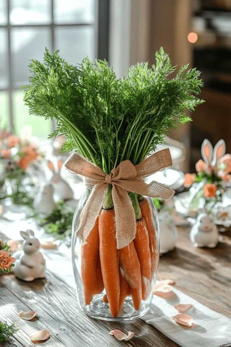 Easter Decor Carrots In Vase Centerpiece, Peter Rabbit Flower Arrangements, Simple Easter Centerpieces, Easter Decor Mantle, Carrot Centerpiece Ideas, Spring Decor Trends 2025, Spring Table Centerpiece Ideas, Easter Vase Ideas, Easter Decorations Party