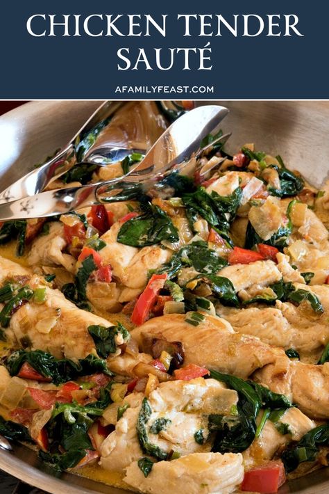 This Chicken Tender Saute is an easy one skillet dinner. Super tender strips of chicken sautéed in one skillet along with red bell pepper, spinach, onions, garlic and scallions – plus a little bit of sour cream added at the end for a light touch of creaminess. #chickentendersaute #skilletmeal Dinner Recipes Chicken Tenders, Chicken Tender Dinner, Chicken Tender Dinner Ideas, Family Feast Recipes, Stuffed Bell Peppers Chicken, Bird Recipes, Feast Recipes, Chicken Strip Recipes, Chicken Tonight