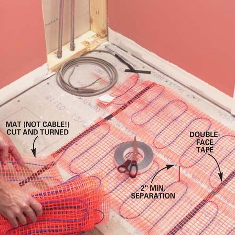 How To Install In Floor Heat: Radiant Heat Installation | The Family Handyman Installing Heated Floors, Heated Bathroom Floor, Heated Flooring, Heated Tile Floor, Floor Heating Systems, Bathroom Floors, Floating Floor, Bathroom Installation, Floor Heating