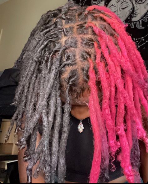 Split Dye Dreadlocks, Split Dyed Dreads, Split Color Locs, Blonde And Pink Peekaboo Locs, Multi Color Locs, Peekaboo Locs Pink, Colorful Locs, Pink And Black Locs, Dyed Locs Black Women