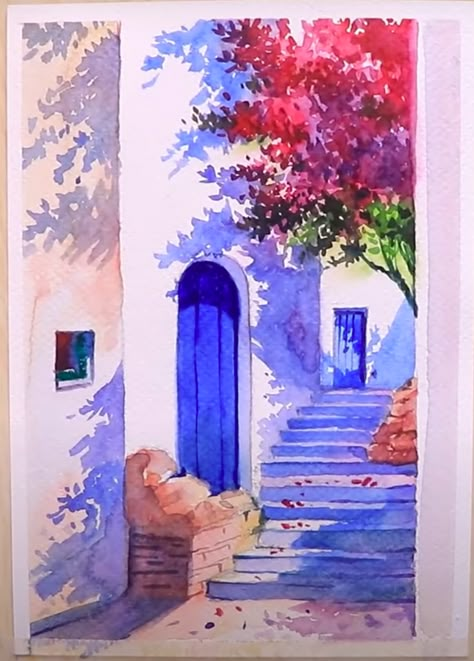 Whimsical Canvas Painting Ideas for Beginners Greece Drawing, Greece Painting, Canvas Painting Ideas For Beginners, Watercolor Paintings Nature, Painting Ideas For Beginners, Diy Watercolor Painting, Travel Landscape, Craft House, Watercolor Flower Art