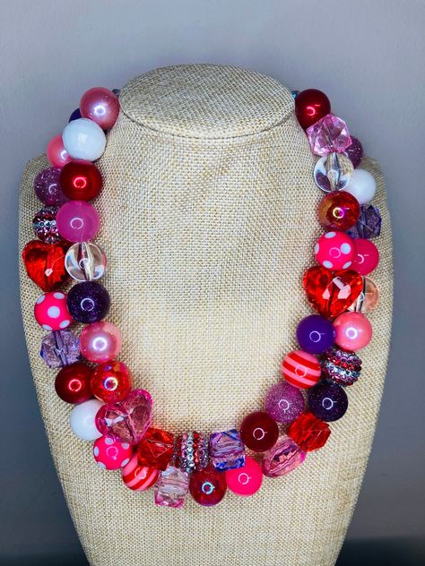 Valentine Anytime Heart Chunky Large Beaded Necklace / Single or Double Layered Fun Sparkle Flashy Bright Colored Beads / Statement Necklace Valentine's Day Multicolor Heart Beaded Necklace, Valentine's Day Heart Shaped Multicolor Beaded Necklaces, Trendy Multicolor Heart-shaped Beaded Necklace, Multicolor Heart-shaped Beaded Chain Necklace, Multicolor Heart-shaped Necklace With Colorful Beads, Large Bead Necklace, Beaded Statement Necklace, Free Bracelet, Purple Glitter