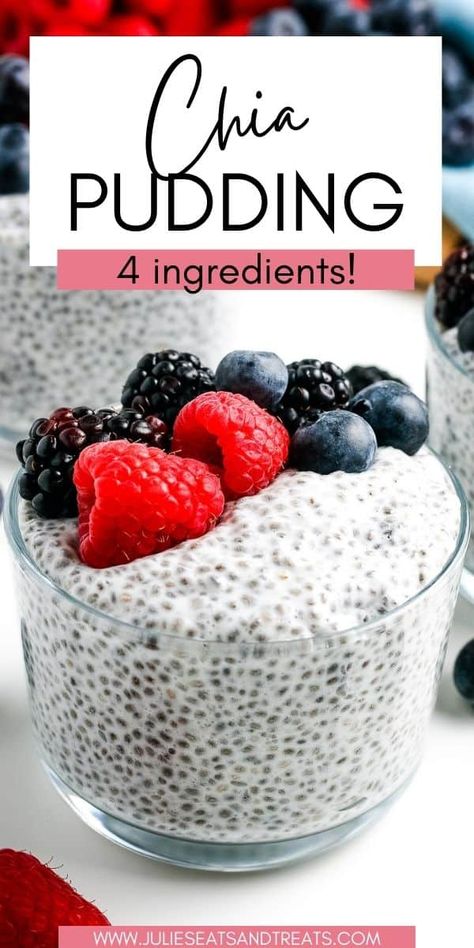 Chia Pudding is a healthy snack or breakfast with only four ingredients and takes only 5 minutes to make. Whip it up the night before for a healthy treat the next day. Top it with berries, nuts, compote and more. Keeps in the refrigerator for up to five days. Berry Yogurt Parfait, Chai Pudding, Chia Yogurt, Chia Pudding Recipes Healthy, Overnight Chia Pudding, Nut Granola, Chia Seed Recipes, Easy Treat, Mother's Day Brunch