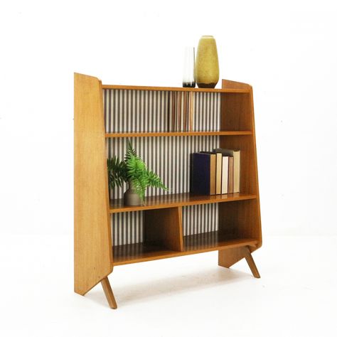 For sale: Asymmetrical '50s Ashwood Bookshelf by Ilse Möbel with Wallpapered Back 50s Bookshelf, Asymmetrical Bookshelf, Asymmetrical Interior, Mid Century Bookshelf, Mid Century Cabinets, Timber Projects, Mid Century Modern Shelves, Mid Century Modern End Table, Rustic Bookshelf