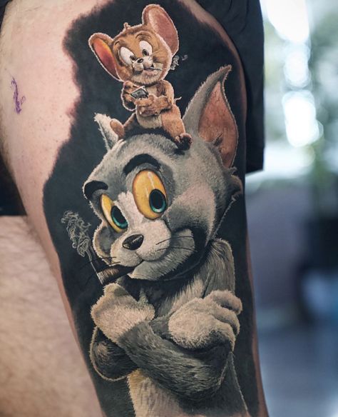 Tom And Jerry Tattoo Ideas, Pablo Tattoo, Tom And Jerry Tattoo, Tato Realis, Tom Cartoon, Dots Tattoo, Unique Tattoos Black Women, Jerry Tattoo, Couple Tattoos Unique Meaningful