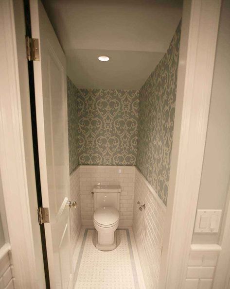 Water Closet Wallpaper, Subway Tile Wainscoting, Water Closet Design, Bathroom Water Closet, Tile Wainscoting, Mountain Bathroom, Art Nouveau Bathroom, Vintage Powder Room, Wallpaper For Bathroom