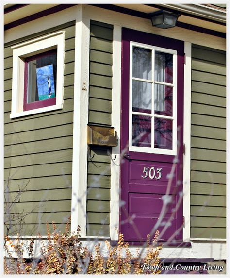 purple front door green siding Purple Front Door, Purple Front Doors, Green Siding, Cottage Front Doors, House Paint Color Combination, Exterior House Paint Color Combinations, Purple Door, Pintura Exterior, Exterior Paint Colors For House