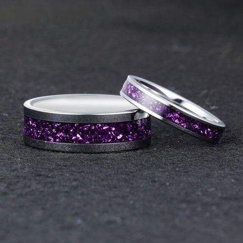 Men Wedding Rings Purple, Purple Couple Rings, Black And Purple Wedding Rings Men, Black And Purple Wedding Bands, Gothic Purple Ring For Gift, Purple Wedding Rings, Couple Rings Silver, Couples Wedding Rings Set, Matching Necklaces For Couples