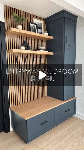 Natalie Park | DIY, Builds & Design on Instagram: "✨ ENTRYWAY MUDROOM REVEAL ✨

This space is officially done and I couldn’t be happier with how this custom build turned out! 🤩 I’m obsessed with the warm white oak contrasting with the rich dark blue/charcoal paint. It’s just too good! 

Every element of this entryway build is not just beautiful, but SO functional. From the deep white oak bench for sitting and putting shoes on, to the deep and shallow drawers for ALL the shoe storage, to the tall coat cabinet, to the additional storage cabinet above, to the floating shelves that can have extra baskets on, to the hooks for hanging bags, purses, and hats… I’d say it’s got it all 🙌🏻

Let me know what you think of this new addition to their entryway! 💙🤎🖤
.
.
.
.
.
#entrywaydesign #entrywa Mudroom Shelf Ideas, Entryway Cabinets Ideas, Shoe And Coat Cabinet Entryway, Mudroom Colour Ideas, Small Built In Drop Zone, Entry Storage Bench Ideas, Mudroom Drawer Bench, Mudroom Shoe Storage Bench, Mudroom Coat And Shoe Storage