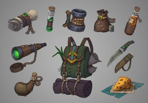 Prop Design Concept Art, Game Props Concept Art, Props Drawing, Wander Art, Props Illustration, Character Props, Props Design, Backpack Art, Props Concept