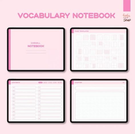 Pastel Pink Vocabulary Notebook: A digital notebook for learning new words with Cornell notes, stickers, and a study #Notetaking_Template #Organized_Study #Pink_Digital_Planner #Template_Study Notetaking Template, Notebook With Stickers, Organized Study, Template Study, Free Wedding Planner Printables, Vocabulary Notebook, Start Studying, Free Wedding Planner, Planner Writing