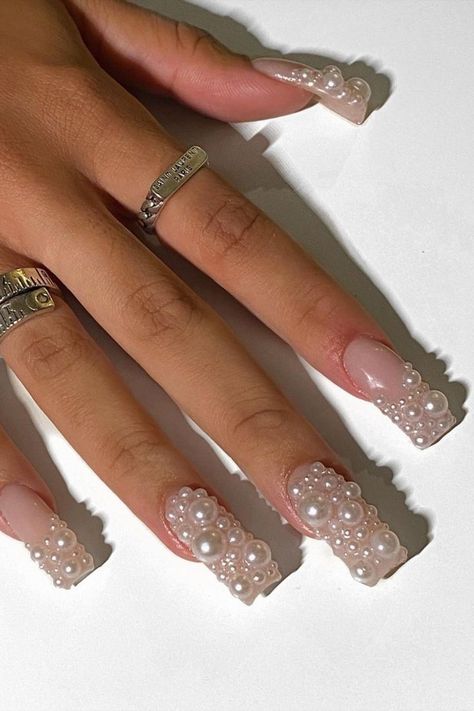 More of a maximalist than a minimalist? These giant bubble-like pearl designed nails will be for you. 📸 angelsnailz Nail Art With Diamonds, Nail Art Diamonds, Bedazzled Nails, Designed Nails, Pearl Nail Art, Bubble Nails, Pearl Nail, Diamond Nail Art, Stylish Tips