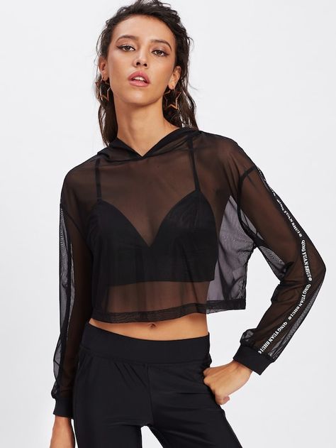 Print Sleeve Crop Mesh Hoodie Without Bra -SHEIN(SHEINSIDE) Mesh Hoodie, Mesh Fashion, Without Bra, Gym Gear, Shein Tops, Lace Fashion, Printed Sleeves, Black Crop, Gym Wear