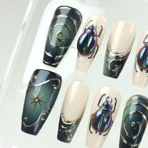 Beetle - Bring nature’s beauty to your nails 🐞✨ -- This set is now available on my site! 🛍️ Don’t miss out — head over to check your sizing and design preferences to make checkout a breeze and snag your perfect set! -- #donailsart #bugnails #nailsart #gothicnails #nailsdesign #3dnails #DarkFashionista Beetle Nails, Press On Nails Design, Stilleto Nails Designs, Country Nails, Gothic Nails, Claw Nails, Acrylic Nails Coffin Short, Acrylic Nails Coffin, Floral Nails