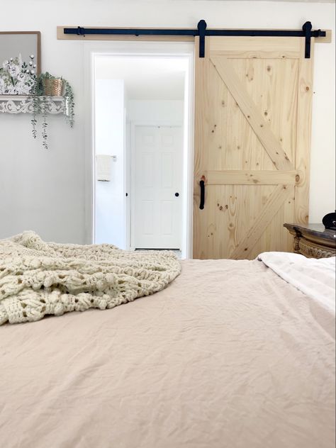 Elevate your space in 90 minutes. Frosted Glass Barn Door, Masonite Interior Doors, Trailer Renovation, Transitional Doors, Mobile Home Makeover, Barn Door Installation, Her Bathroom, Future Bedroom, Diy Barn