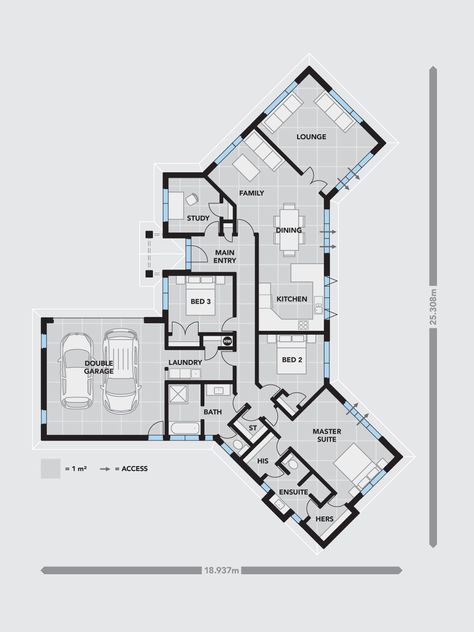 The Platinum Homes Barcelona has many great features on an intimate scale. The Barcelona features three bedrooms plus study (or fourth bedroom) and a double garage. The unique 45° wing layout makes... U Shaped House Plans, L Shaped House Plans, U Shaped Houses, L Shaped House, Little House Plans, Free House Plans, Courtyard House Plans, New Zealand Houses, House Layout Plans