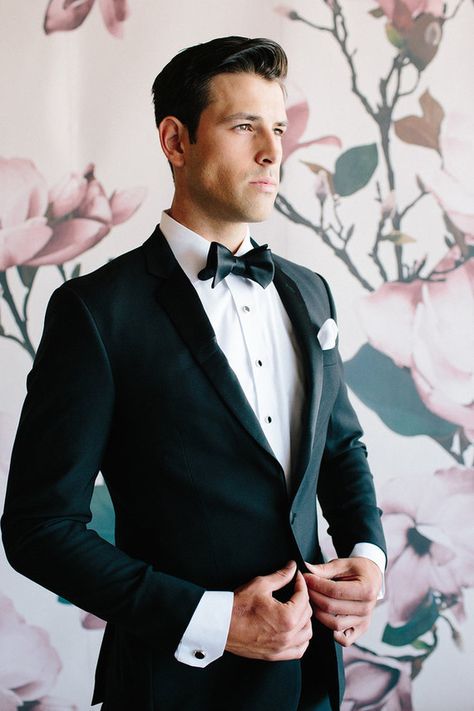 Floral wedding party ideas with The Black Tux Floral Wedding Party, Black Tux Wedding, Black Tuxedo Wedding, Wedding Suits Men Black, Groom Suit Black, Men Tuxedo, Wedding Tux, Groom Wedding Attire, Black Suit Wedding