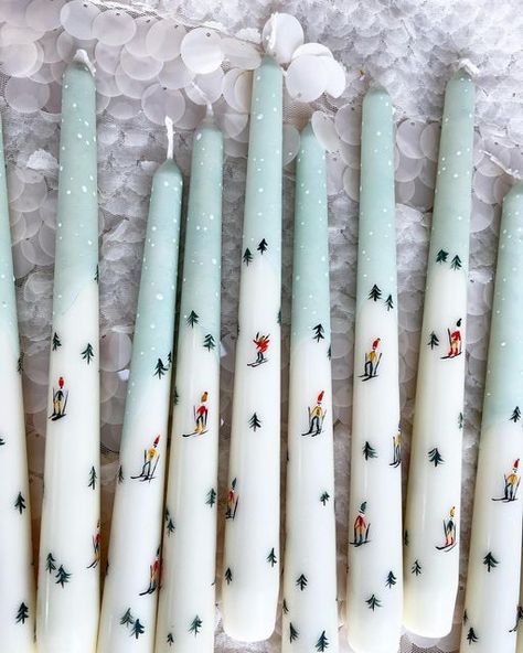 Winter Candle Painting, How To Paint Candlesticks, Christmas Candles Diy Paint, Candle Stick Paintings, Painting Christmas Candles, Painted Taper Candles Diy, Painted Candlesticks Christmas, Christmas Taper Candles, Christmas Crafts Aesthetic