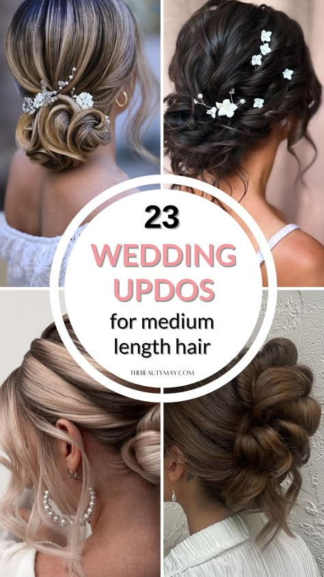 23 Wedding Updos for Medium Length Hair Wedding Updos Medium Hair, Updos For Shoulder Length Hair Wedding, Medium Hair Styles For Weddings, Medium Length Updo Bridesmaid, Simple Wedding Updos For Medium Hair, Bridesmaid Hairstyles Medium Length Updo, Updos For Medium Length Hair Wedding, Medium Length Hair Bridesmaid, Shoulder Length Updo