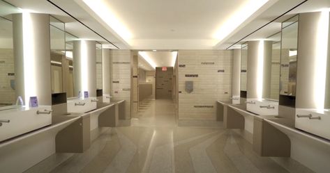 Stern’s touchless restroom fixtures are an essential part of hygiene in commercial environments. Installed in the restrooms of Terminal B in LaGuardia Airport are Tubular Touch Free Faucets and matching automatic Soap Dispensers. #hygiene #contactless #touchfree Luxury School Bathroom, Rich School Bathroom, School Bathrooms Aesthetic, Boarding School Bathroom, Dream Neighborhood, Airport Bathroom, Classroom Architecture, School Restroom, Commercial Bathroom Designs