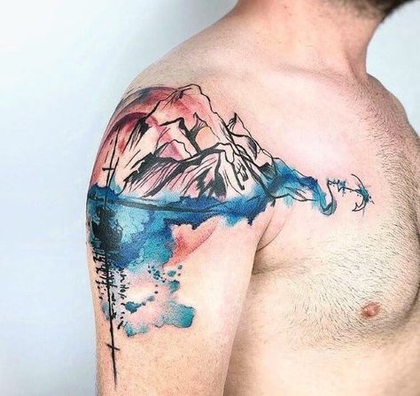 Mountain Wave Tattoo, Wave And Sun Tattoo, Wave Tattoo Ideas, Watercolor Mountains Tattoo, Stag Tattoo, Scandinavian Tattoo, Wave Tattoo Design, Mountain Tattoo Design, Nature Designs