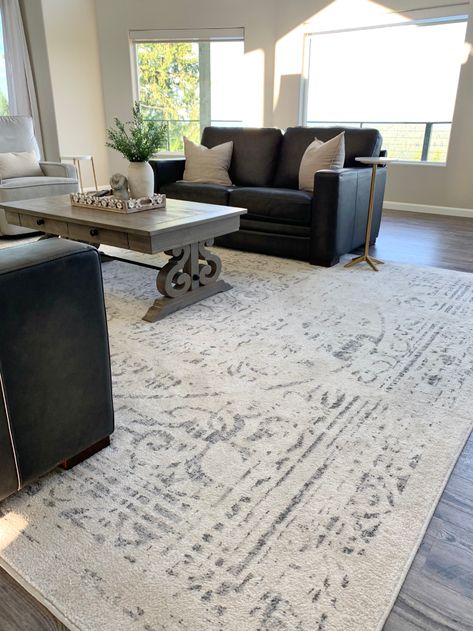 Area Rug For Grey Floors, Rugs For Dark Furniture, Rug With Grey Floor, Rugs In Living Room Grey Floor, Light Grey And Tan Living Room, Rugs With Grey Floors, Rugs With Dark Wood Floors, Area Rugs In Living Room Grey Couch, Area Rug For Light Wood Floors