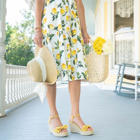 Today's Everyday Fashion: Lemon Print Forever — J's Everyday Fashion Casual Lemon Print Summer Dress, Fitted Summer Dress With Lemon Print, High Tea Outfits, Yellow Lemon Print Summer Dress, V-neck Lemon Print Dresses For Brunch, Lemon Breeland, Characters References, Lemon Fabric, Lemon Print Dress