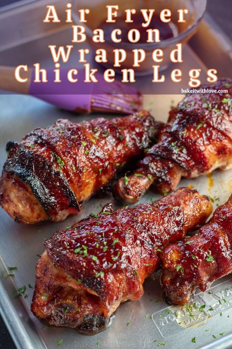 These bbq sauced bacon wrapped chicken drumsticks are a double dose of flavor with their seasoning and tasty sauce! Bbq Chicken Legs In Air Fryer, Bacon Wrapped Drumsticks, Bacon Wrapped Chicken Drumsticks, Airfryer Bacon, Bacon Wrapped Bbq Chicken, Baked Bacon Wrapped Chicken, Chicken Board, Airfryer Chicken, Bbq Chicken Drumsticks