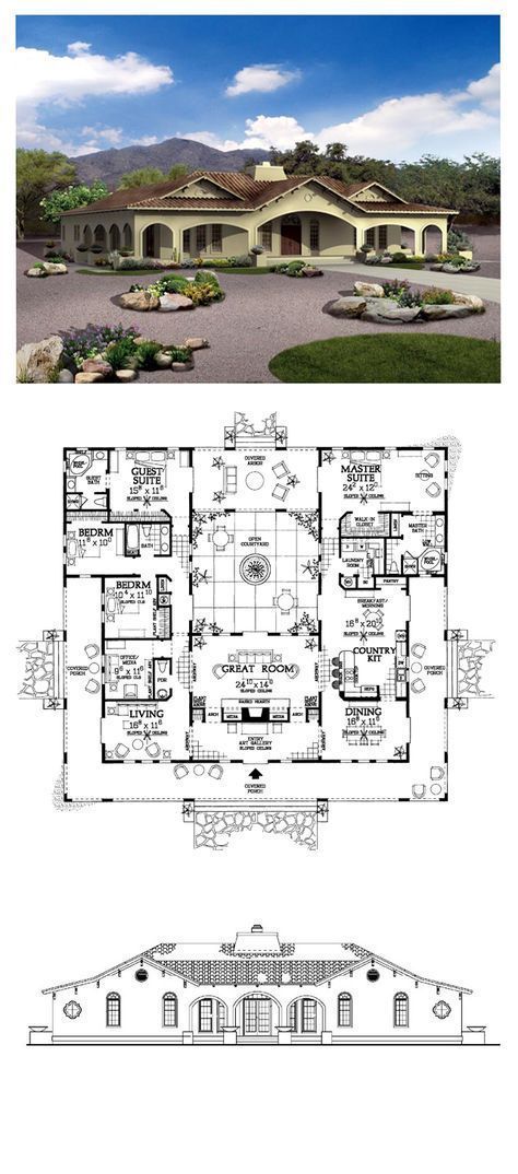 Beautiful Courtyards, Adobe House Plans, Southwestern House Plans, U Shaped House Plans, Southwestern House, U Shaped Houses, Southwest House, Hacienda Homes, Hacienda Style Homes