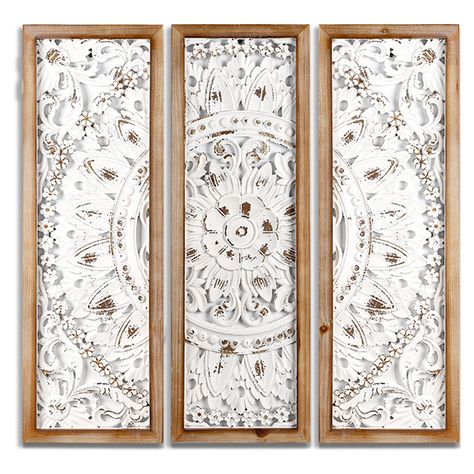 PRICES MAY VARY. [RETRO FARMHOUSE CHARM]Complete the traditional look of your indoor space by the handcrafted wooden wall decor panels set. Design inspired by geometric curves and flowers, Make your bare wall stand out in no time. [EXCELLENT DETAILING] Faint whitewash finish over natural wood brown surface, enhances textured look, With rusted and distressed style Make them look more antique. Because surface are whitewash finish by handmade so each one is a little different than the other. [PRODU Wall Art Panels Decor, Farmhouse Luxury, Medallion Wall Art, White Wood Paneling, Wooden Wall Art Decor, Room Pics, Wall Stand, Wood Wall Plaques, Carved Wood Sculpture