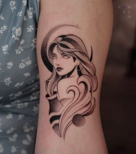 Looking for a unique feminine Aquarius tattoo? Check out our guide on Aquarius tattoos and find more inspiration! Symbols Tattoo Ideas, Unique Aquarius Tattoo, Moon Goddess Tattoo, Aquarius Goddess, Aquarius Tattoos, Symbols Tattoo, Tattoo Guide, Gemini Tattoo Designs, Aquarius Moon