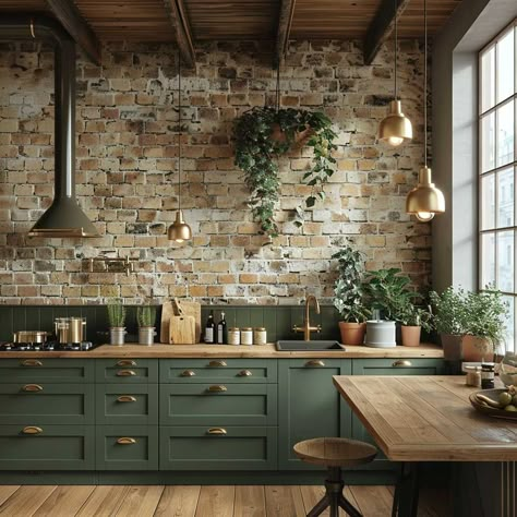 12 Stylish Painting Kitchen Cabinets Ideas with Green and Gold Combinations • 333+ Inspiring Lifestyle Ideas Green And Stone Kitchen, Green Kitchen With Copper Accents, Green Kitchen And Living Room Combo, Kitchen Ideas With Shelves, Gold And Green Kitchen, Moody Green Kitchen, Green And Wood Kitchen, Painting Kitchen Cabinets Ideas, Emerald Kitchen