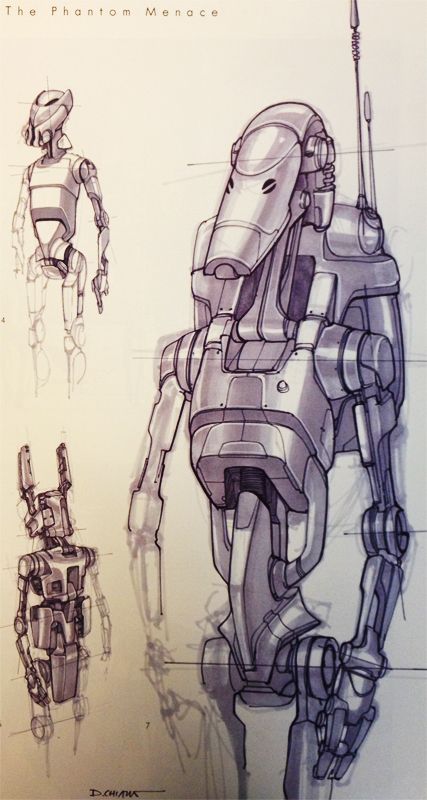 Star Wars - Battle Droid designs by Doug Chiang Doug Chiang Star Wars, Doug Chiang Concept Art, Star Wars Robots, Starwars Sketch, Drone Sketch, Droid Design, Droid Star Wars, Star Wars Battle Droids, Phantom Menace