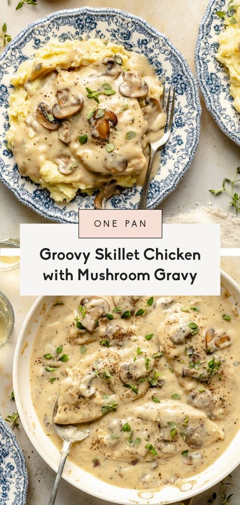 Delicious, savory, groovy skillet chicken simmered to perfection in a thyme parmesan mushroom gravy. This easy one pan skillet chicken cooks in just 30 minutes for a protein-packed dinner you'll love serving with mashed potatoes or egg noodles! Chicken With Mushroom Gravy, Chicken With Mushroom, Chicken Skillet Recipes, Ambitious Kitchen, With Mashed Potatoes, Homemade Gravy, How To Cook Mushrooms, Chicken Gravy, Mushroom Gravy