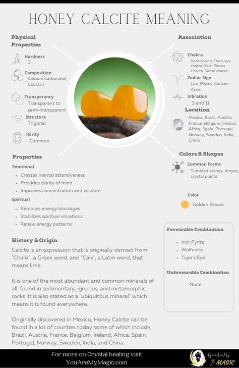 HONEY CALCITE 101: MEANING, PROPERTIES AND BENEFITS Honey Calcite Crystal Meaning, Honey Calcite Meaning, 101 Meaning, Amber Calcite, Healing Notes, Crystals Meanings, Golden Calcite, Crystal Seashells, Crystal Healing Chart