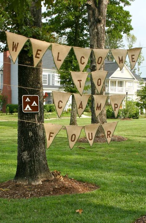 Summer Camp Birthday Party Ideas | Photo 3 of 30 Camp Banner, Summer Camp Party, Camping Flag, Camp Out Party, Camping Party Ideas, Camp Vbs, Campfire Party, Camp Birthday, Camping Theme Birthday