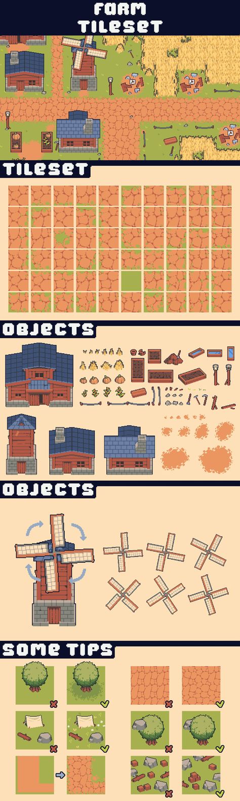 Farm Tileset Pixel Art Asset Pack for Tower Defense is an excellent choice for those developers who want to create an amazing world filled with a variety of resources, objects and other unique graphics. Here, there is a large selection of level tiles, decorative objects such as a farm building, a barn, a house, a mill, mud spots, beds, pots, wheat, pumpkins, a fence, tools, help icons and other useful elements that will allow you to recreate a truly mesmerizing world of farms and agriculture. Fence Pixel Art, Tileset Pixel Art, Fence Tools, Farm Building, Farm Games, Pixel Art Background, Vinsmoke Sanji, Farm Tools, Unique Graphics